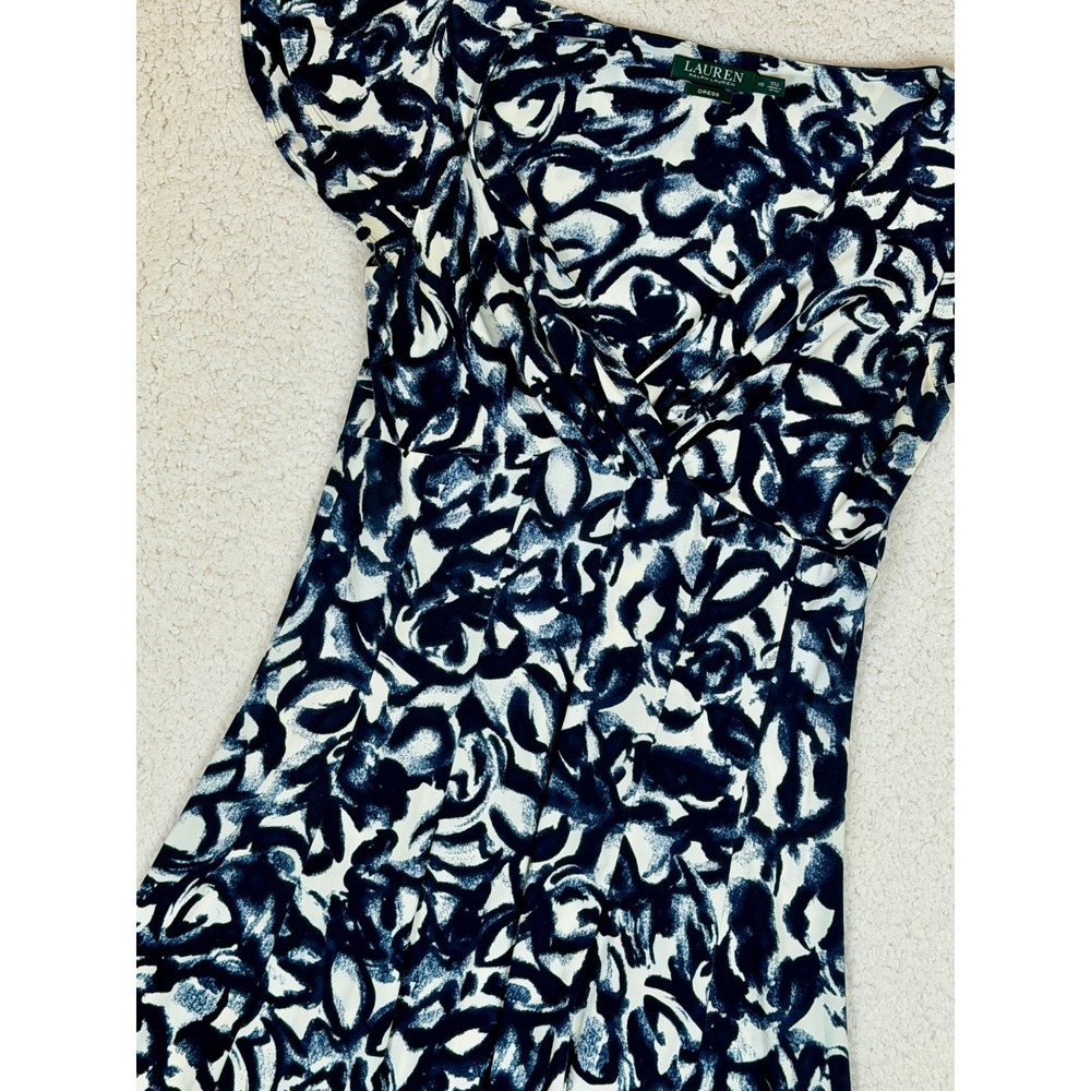 Lauren Ralph Lauren Sz 10 Navy White Abstract Floral V-Neck A-Line Jersey Dress